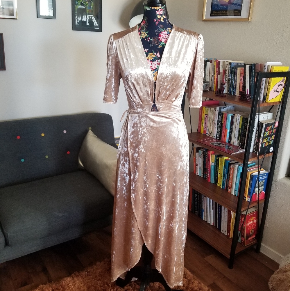 Champagne Crushed Velvet Wrap Dress